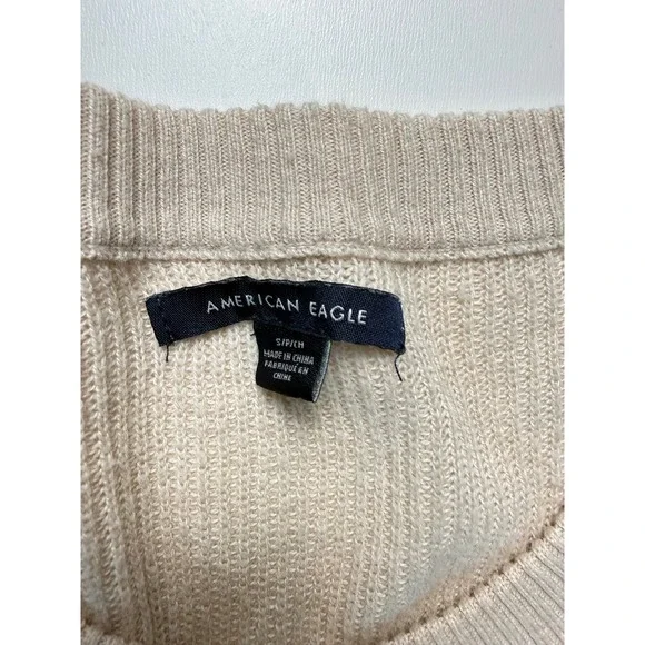 American Eagle Henley Sweater Light Beige Striped Sleeve Button Neck Casual - Picture 2 of 5